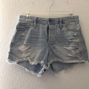 Light wash jean shorts.